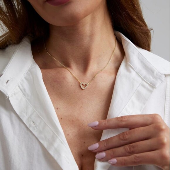 Dainty Hollow Heart Necklace 14K Gold Plated Tiny Heart CZ Pendant Necklace Gift - Picture 3 of 5